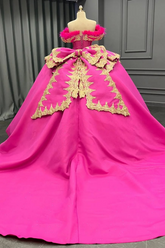 Exquisite Fuchsia Satin Quinceanera Dress Off-Shoulder Ball Gown with Beaded Feather Gold Appliques for Sweet 16 & Evening Galas